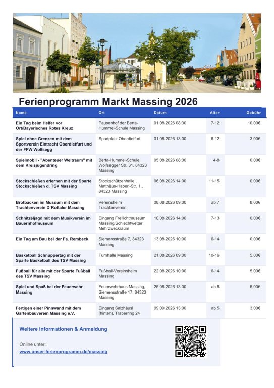 Ferienprogramm des Marktes Massing 2026